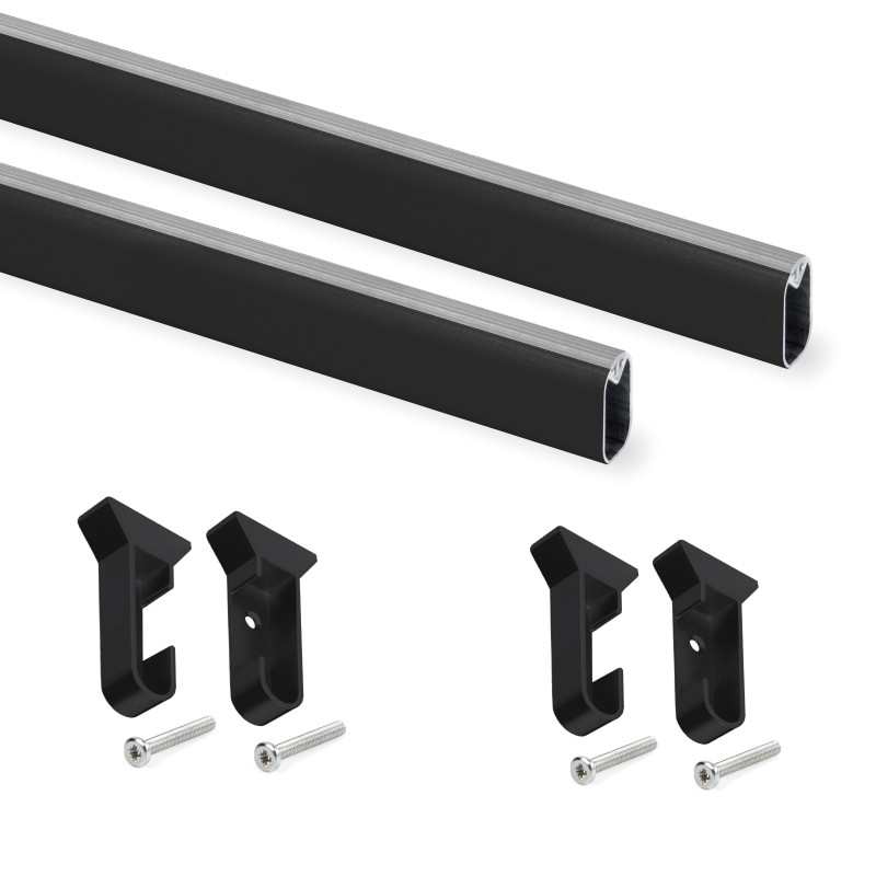 Emuca 7070114 Lot de 2 x 0.75m Rails pour armoires en soie avec supports, Aluminium et Plastique, Peint en noir