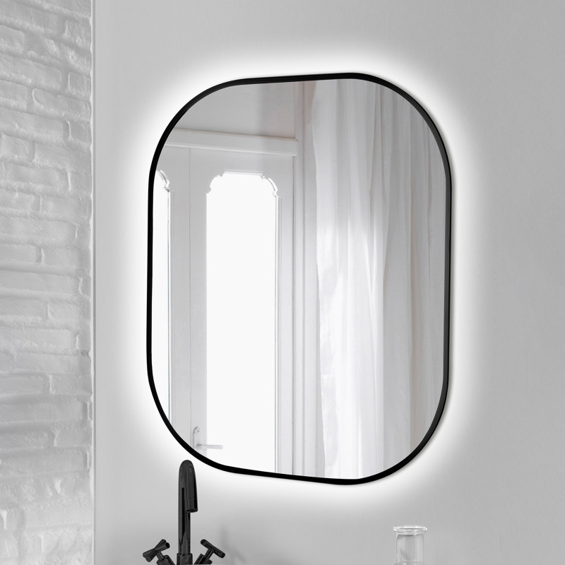 Emuca 5150920 Miroir Cepheus avec éclairage décoratif à LED et cadre noir, arrondi rectangulaire 600 x 800 mm, AC 230V 50Hz, 12