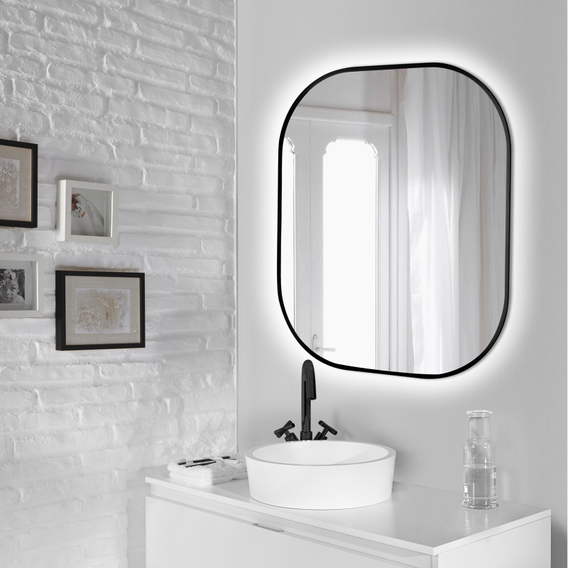Emuca 5150920 Miroir Cepheus avec éclairage décoratif à LED et cadre noir, arrondi rectangulaire 600 x 800 mm, AC 230V 50Hz, 12