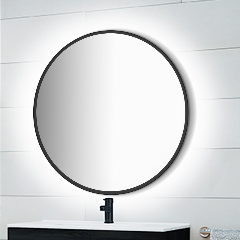 Emuca 5150820 Miroir Zeus avec éclairage décoratif à LED et cadre noir, diamètre 80 cm, AC 230V 50Hz, 12 W, Aluminium et Verre