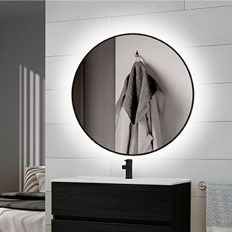 Emuca 5150820 Miroir Zeus avec éclairage décoratif à LED et cadre noir, diamètre 80 cm, AC 230V 50Hz, 12 W, Aluminium et Verre