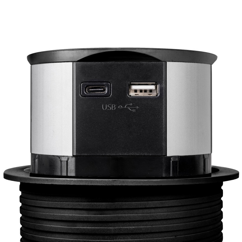 Emuca 5221214 Multiconnecteur Vertikal Push diamètre 100mm, 3 prises de type Schuko, 1 USB type A, 1 USB type C, Acier et Plast