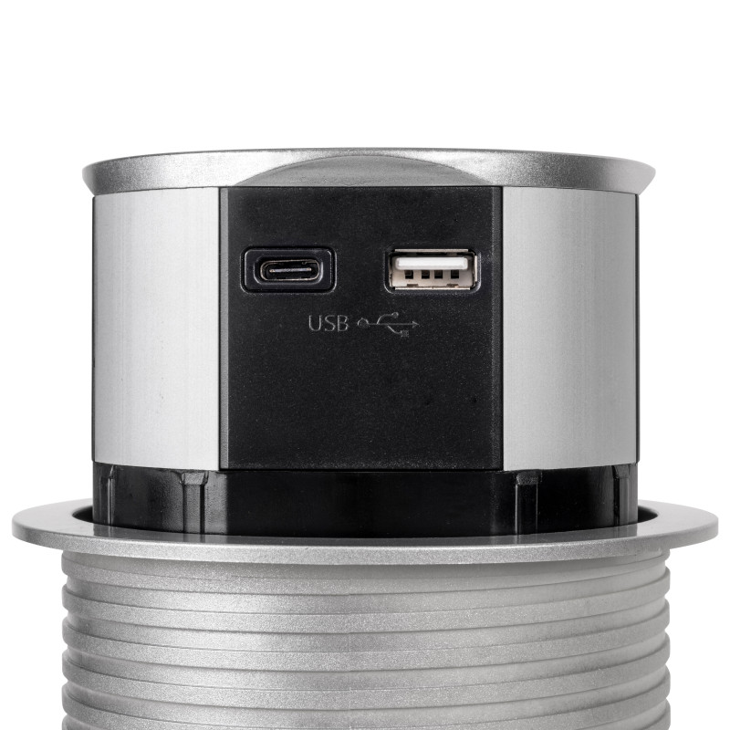 Emuca 5221225 Multiconnecteur Vertikal Push diamètre 100mm, 3 prises de type Schuko, 1 USB type A, 1 USB type C, Acier et Plast