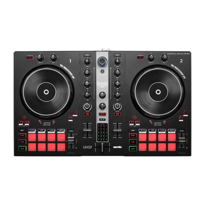 HERCULES DJCONTROL INPULSE 300 MK2 - Contrôleur DJ USB - 2 voies avec 16 pads et carte son intégrée