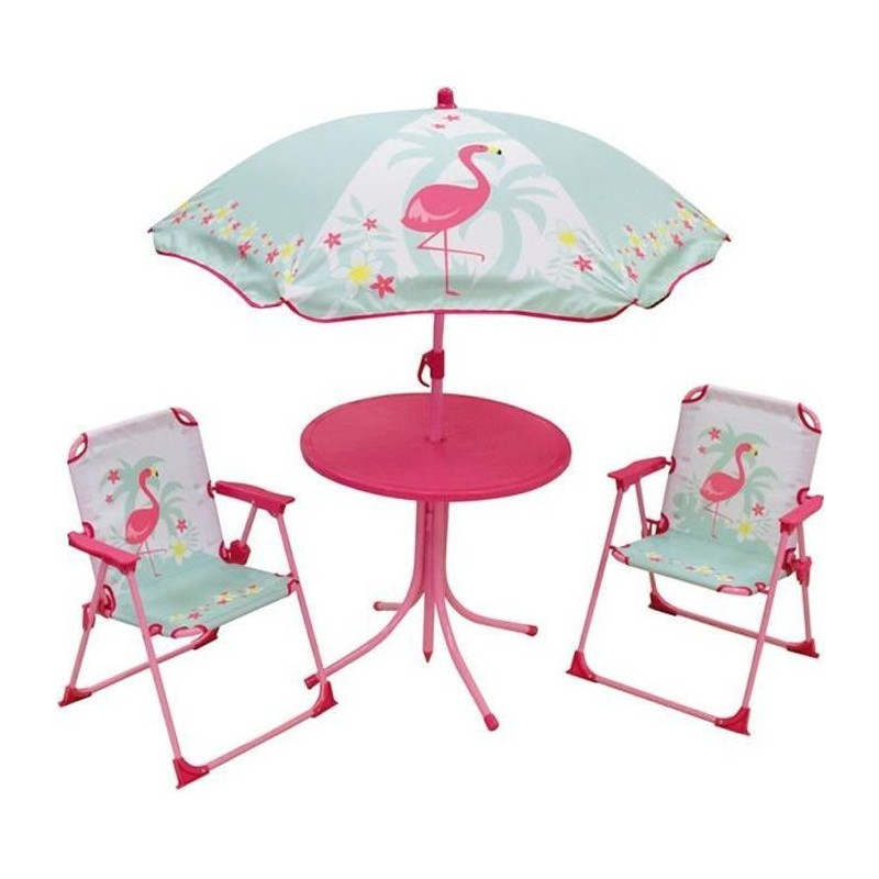 FUN HOUSE 713088 FLAMANT ROSE Salon de jardin avec une table, 2 chaises pliables et un parasol pour enfant