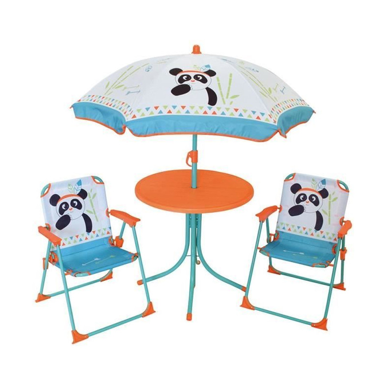 FUN HOUSE 713095 INDIAN PANDA Salon de jardin avec une table, 2 chaises pliables et un parasol pour enfant