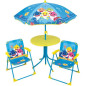 FUN HOUSE Baby Shark Salon de jardin - 1 table H.46xø46 cm, 2 chaises H.53xl.38,5xP.37,5 cm et 1 parasol H.125 x ø100 cm