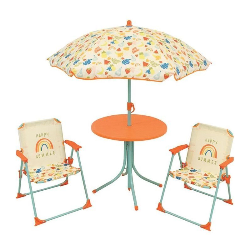 FUN HOUSE Fruity's Salon de jardin - 1 table H.46 x ø46 cm, 2 chaises H.53xl.38,5xP.37,5 cm et 1 parasol H.125 x ø100 cm