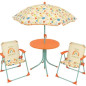 FUN HOUSE Fruity's Salon de jardin - 1 table H.46 x ø46 cm, 2 chaises H.53xl.38,5xP.37,5 cm et 1 parasol H.125 x ø100 cm