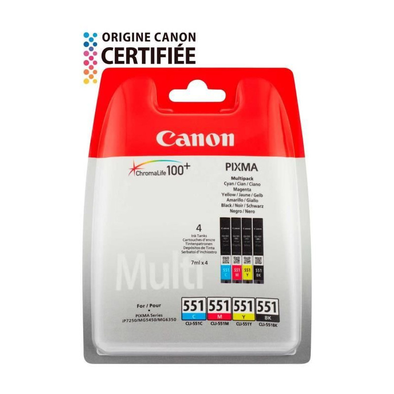 CANON Pack de 4 cartouche d'encre CLI-551 Noir/Cyan/Magenta/Jaune