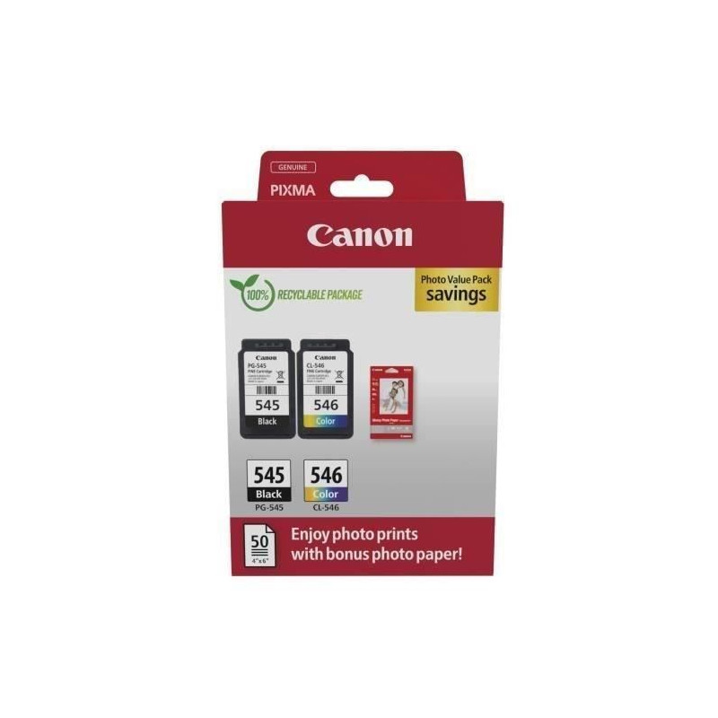 Pack de 2 cartouches d'encre + pack papiers photo - CANON - PG-545 Noir + CL-546 Couleur