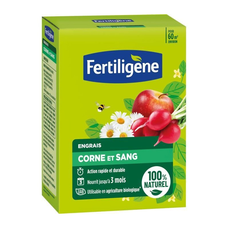 FERTILIGENE FCOSAN3 - Engrais Corne et Sang 3 kg - Action rapide et durable - Nourrit jusqu'a 3 mois - Jusqu'a 60m² fertilisée