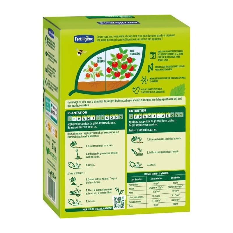 FERTILIGENE FCOSAN3 - Engrais Corne et Sang 3 kg - Action rapide et durable - Nourrit jusqu'a 3 mois - Jusqu'a 60m² fertilisée