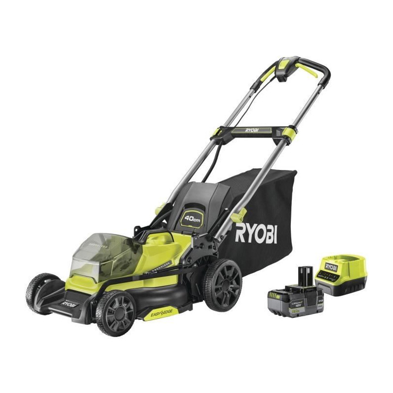 Tondeuse poussée 18V - RYOBI - Ø coupe 40 cm - Ramassage et mulching - 1 batterie 18V 5 Ah + 1 chargeur