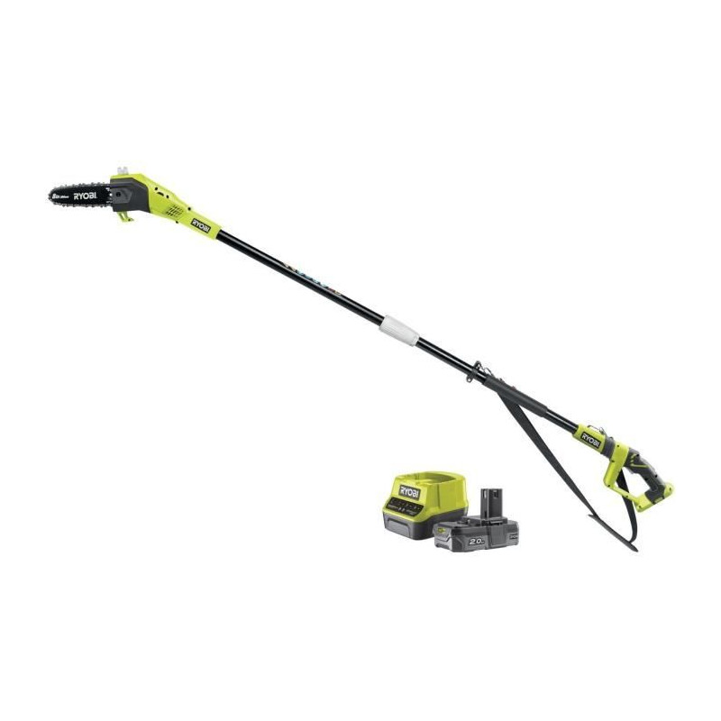 Élagueur sur perche - RYOBI - Guide 20 cm - 5,5 m/s - Guide incliné 15° - 1 batterie 18 V 2 Ah et 1 chargeur