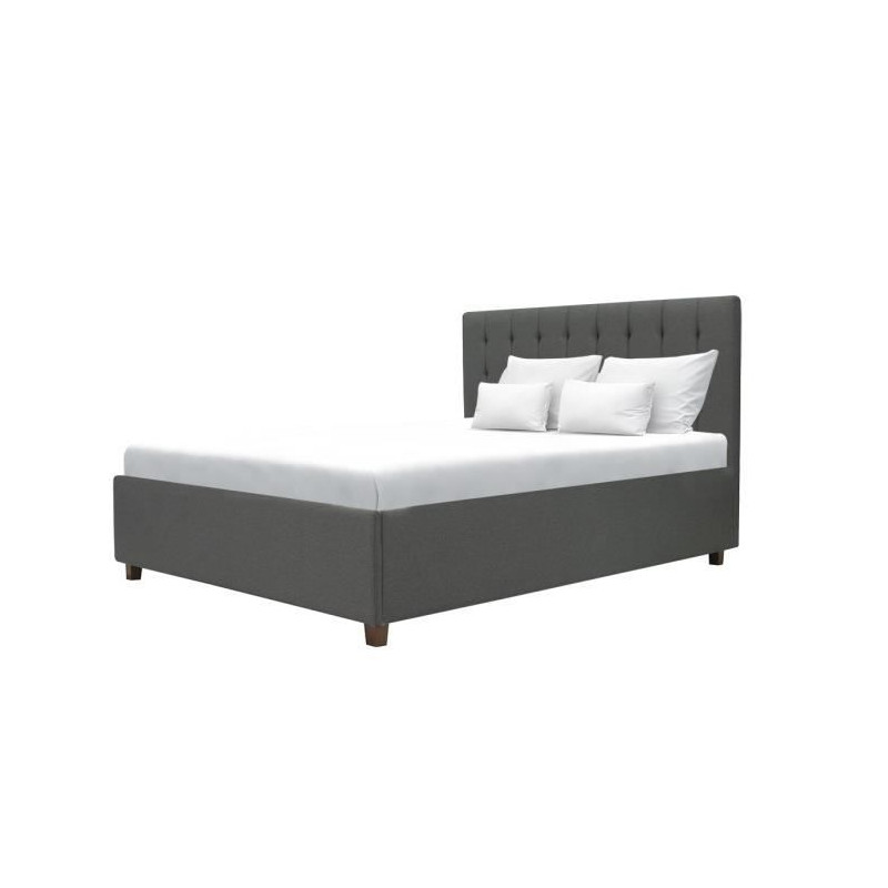 EMILY Lit adulte 140x190 cm + Coffre de rangement - Tissu imitation lin gris foncé - Sommier inclus