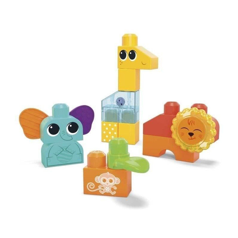 Jeu de construction SAFARI DES SENS MEGABLOKS - Girafe clochette, lion billes et éléphant oreille souple