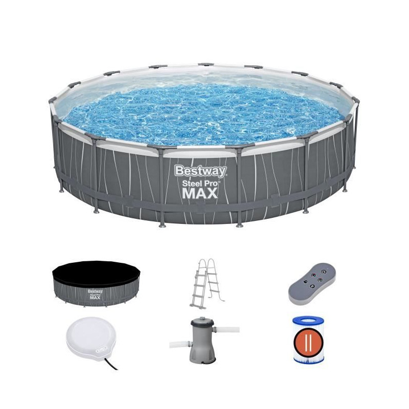 Kit Piscine hors sol tubulaire BESTWAY Steel Pro Max™ 457 x 107 cm - Ronde (Avec filtre a cartouche, échelle, bâche, lumiere