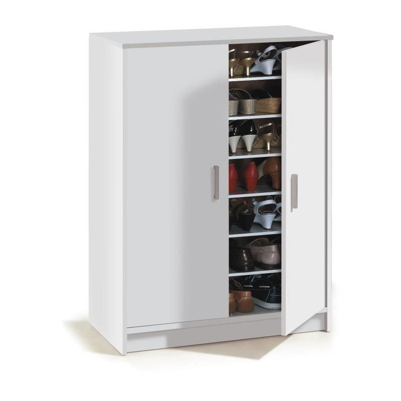 Meuble a chaussures forme armoire BASIC - 2 portes + 6 étageres - Mélaminé blanc - 30 paires - L75 x P36 x H101 cm