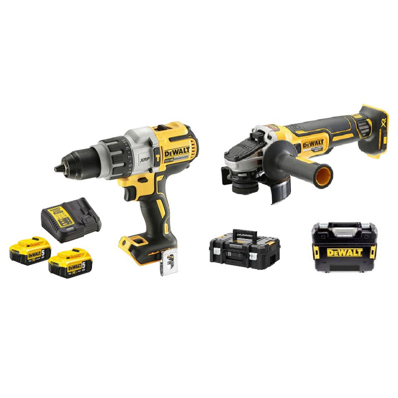 Pack 2 outils 18V (DCD996 DCG405) + 2 batteries 5Ah + chargeur + coffret TSTAK DEWALT DCK2090P2T