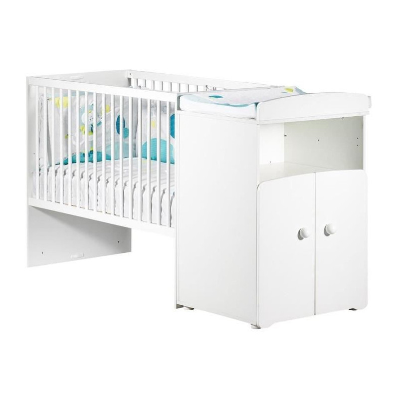 Lit bébé combiné évolutif - BABY PRICE - Basic - Blanc - Bouton coeur blanc -60 x 120 cm