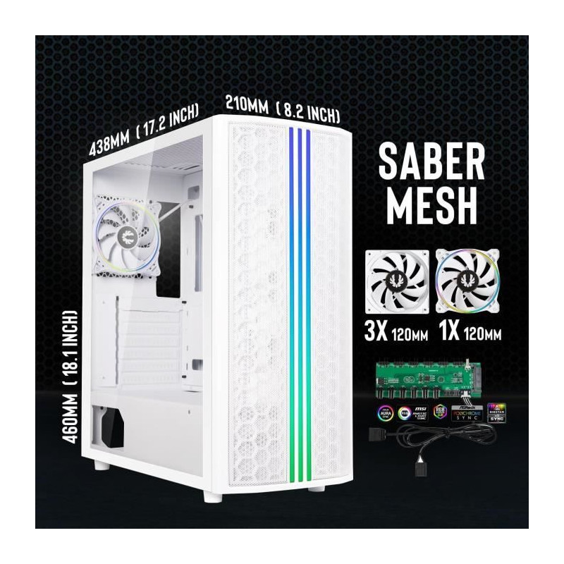 Boitier PC sans alimentation - BITFENIX Saber Mesh (Blanc) - Moyen tour - Format ATX