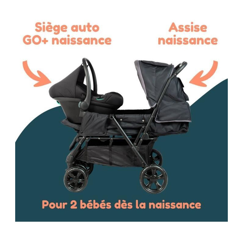 Poussette double jumeaux - BAMBISOL - Combiné Poussette Double + Siege Auto I-size - 4 roues - Noir