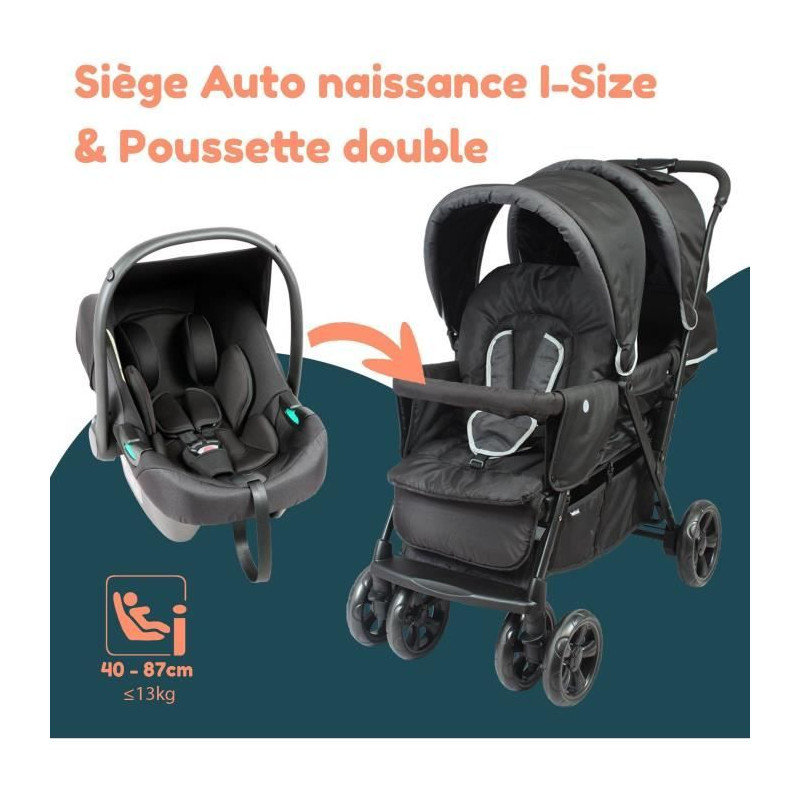 Poussette double jumeaux - BAMBISOL - Combiné Poussette Double + Siege Auto I-size - 4 roues - Noir