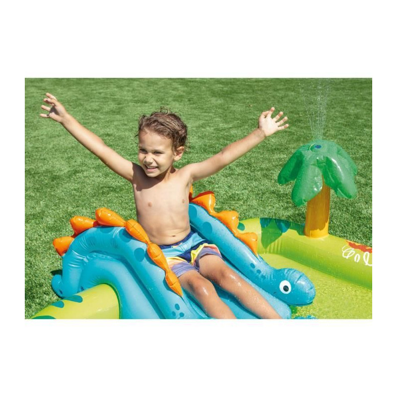 Aire de jeux gonflable - INTEX - Petit Dino - 143 Litres - 2 ans+ - 191 x 152 x 58 cm - Inclus : toboggan, fontaine, dino gonfla