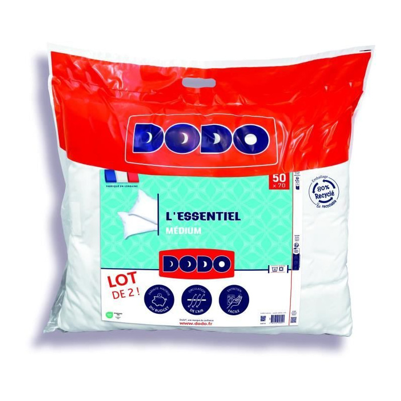 DODO Lot de 2 Oreillers Médium - L'ESSENTIEL - 50x70 cm - 100% Polyester