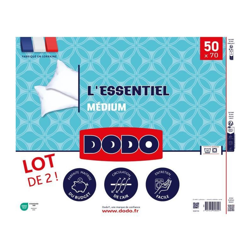 DODO Lot de 2 Oreillers Médium - L'ESSENTIEL - 50x70 cm - 100% Polyester