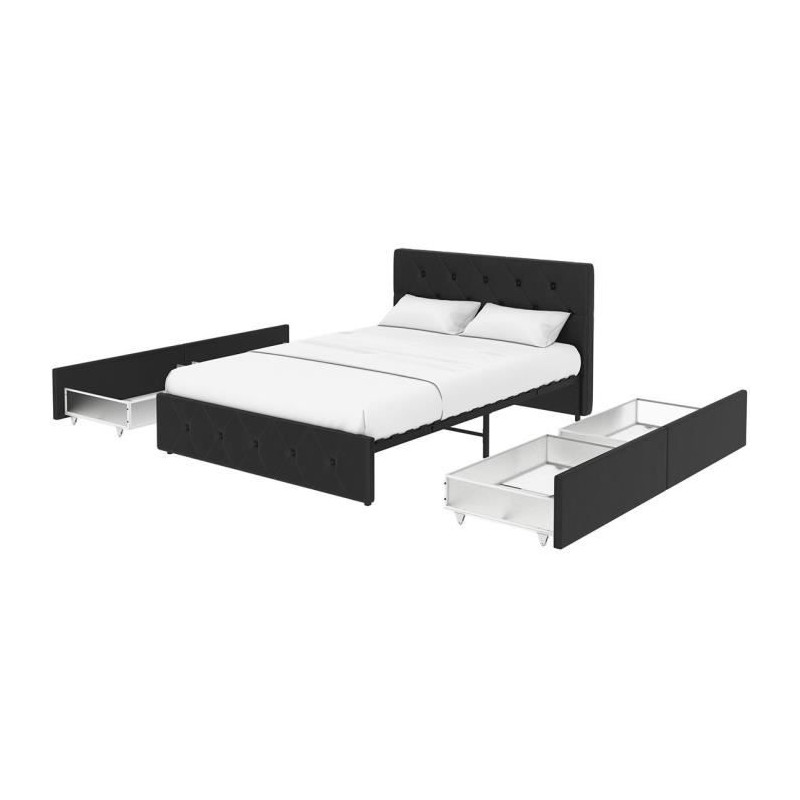 Lit adulte DAVID 140 x 190 cm - 4 tiroirs - Sommier inclus - Simili noir