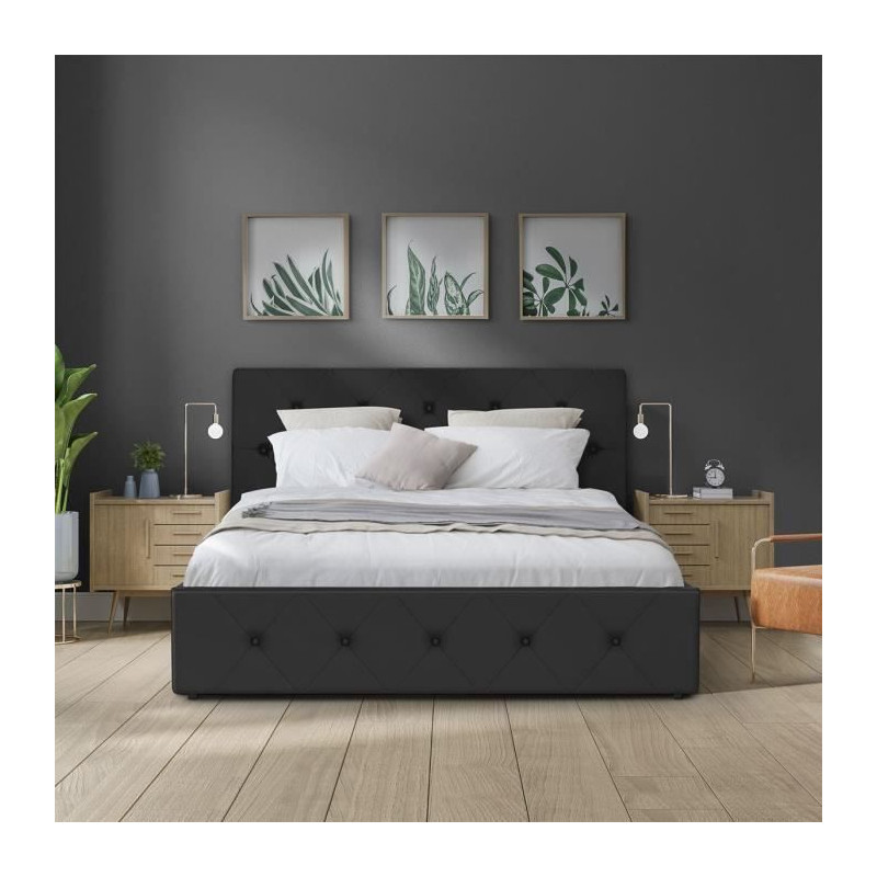 Lit adulte DAVID 140 x 190 cm - 4 tiroirs - Sommier inclus - Simili noir