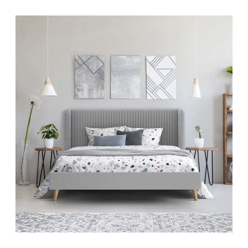 Lit adulte HEIDI - 140 x 190 cm - Velours gris - Sommier inclus