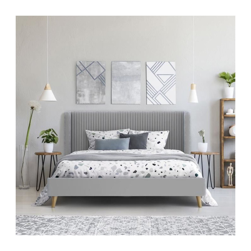 Lit adulte HEIDI - 160 x 200 cm - Velours gris - Sommier inclus