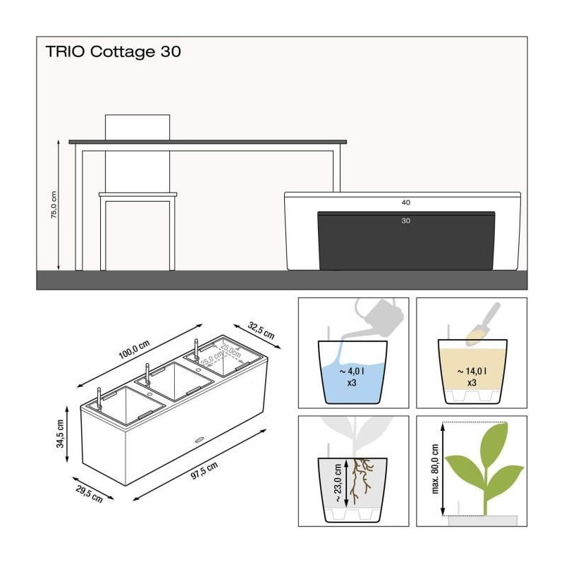 Pot de fleur LECHUZA Trio Cottage 30 - kit complet, moka