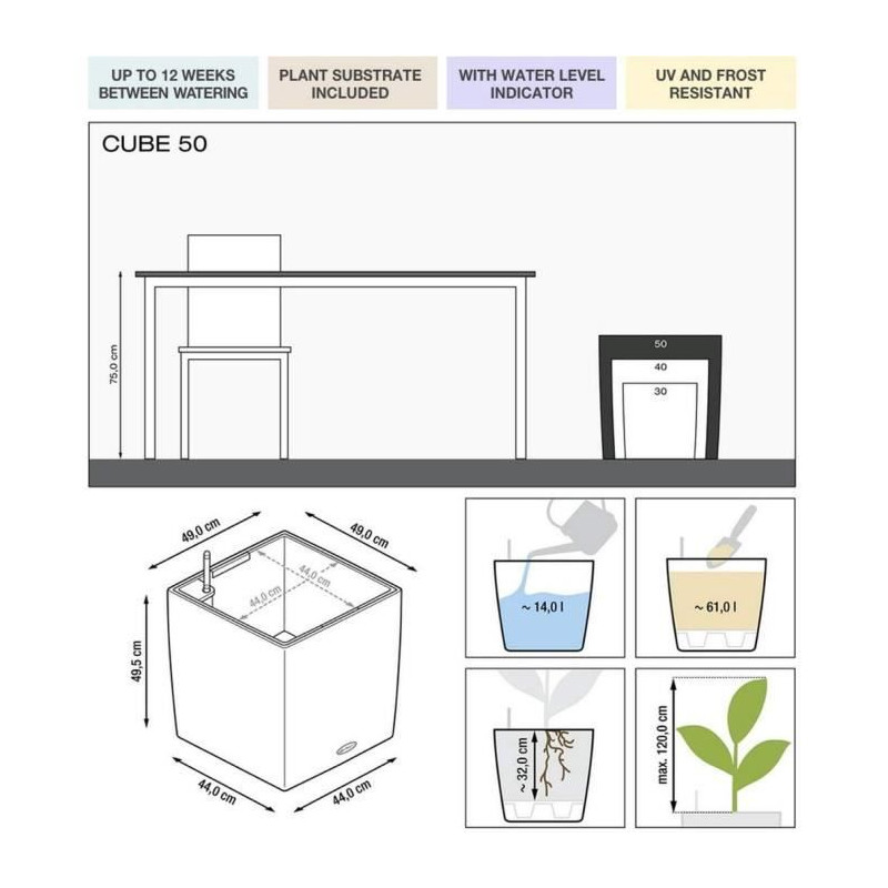 Pot de fleur LECHUZA Cube Premium 50 - kit complet, argent metallisé