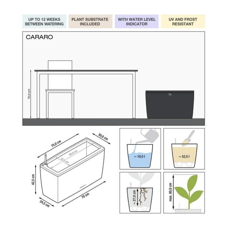 Pot de fleur LECHUZA Cararo Premium - kit complet, anthracite métallisé