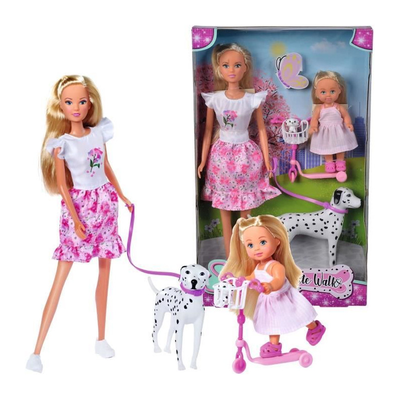 Steffi Love poupée dalmatien + Evi Love - 2 poupées 29 et 12 cm - 2 Figurines Dalmatien - Trotinette Evi - Des 3 ans