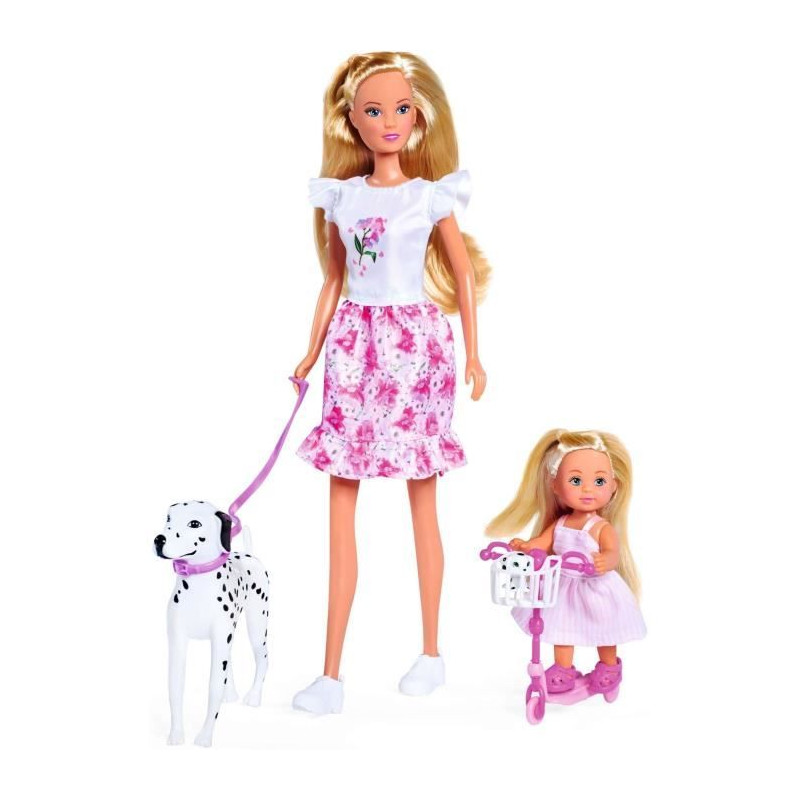 Steffi Love poupée dalmatien + Evi Love - 2 poupées 29 et 12 cm - 2 Figurines Dalmatien - Trotinette Evi - Des 3 ans