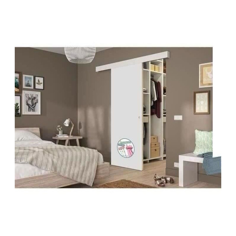 OPTIMUM Kit porte coulissante décor blanc - rail 2 amortisseurs + cache rail blanc - 204 x 73 cm