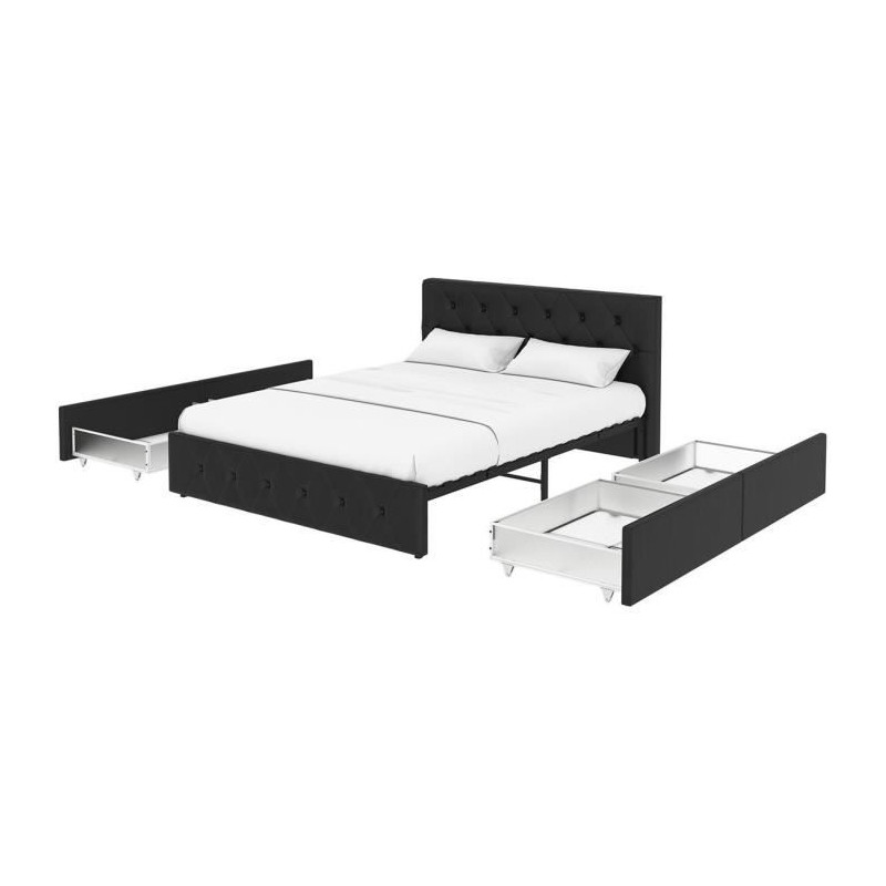 Lit adulte DAVID 160 x 200 cm - 4 tiroirs - Sommier inclus - Simili noir