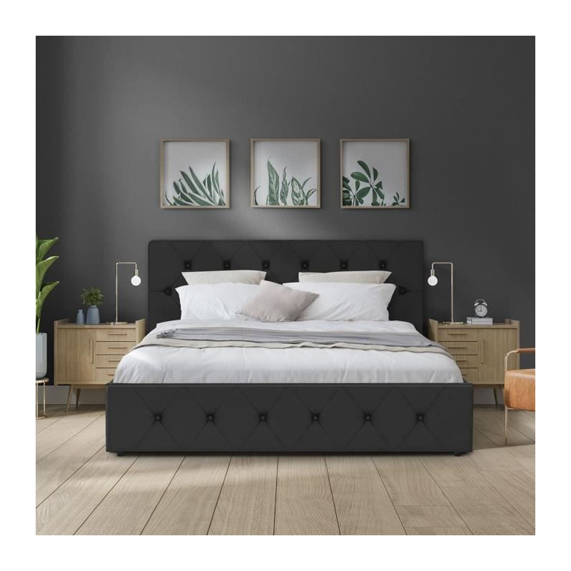 Lit adulte DAVID 160 x 200 cm - 4 tiroirs - Sommier inclus - Simili noir