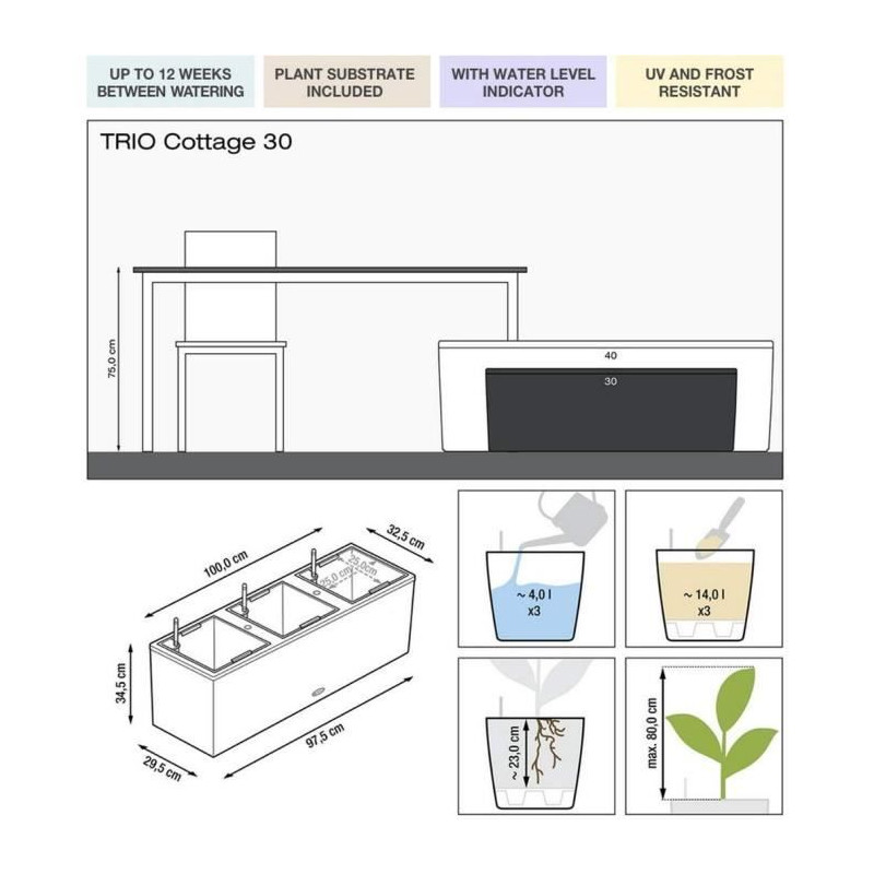 Pot de fleur - LEC - Trio Cottage 30 - granit - systeme d'irrigation intégré - résistant aux intempéries