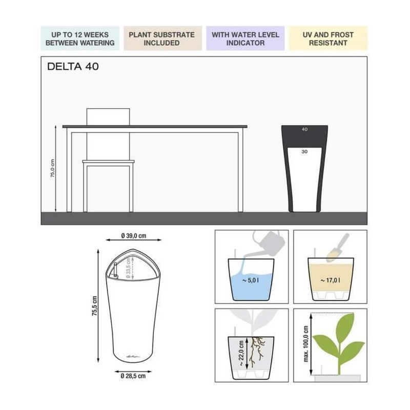 Pot de fleur Delta Premium 40 - LEC - Rouge - Plastique - Avec réserve d'eau