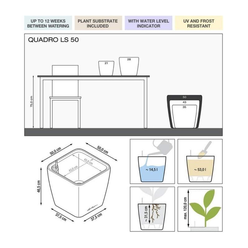 Pot de fleur - LEC - Quadro Premium LS 50 - blanc brillant - systeme d'irrigation intégré