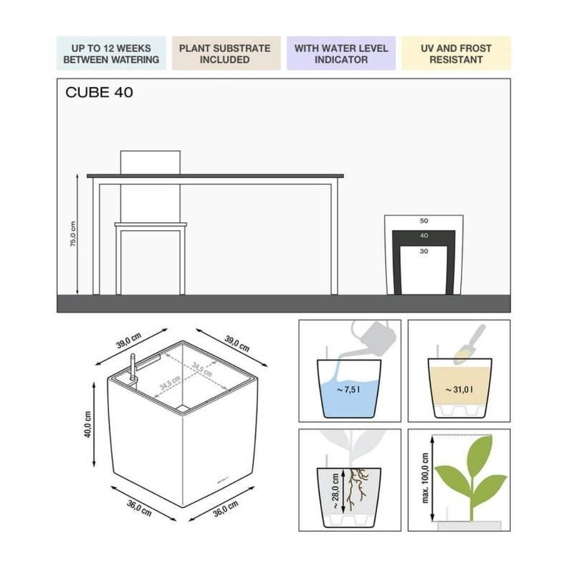 Pot de fleur LECHUZA Cube Premium 40 - kit complet, anthracite métallisé