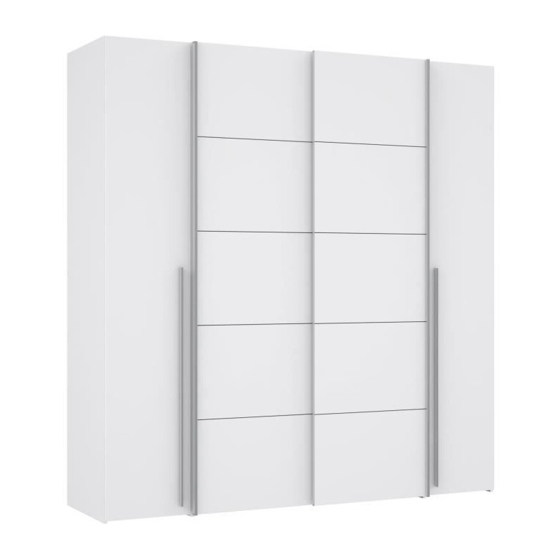 Armoire NARAGO - Décor Blanc mat - 2 portes coulissantes + 2 portes battantes + 2 penderies - L200 x P61 x H210 cm