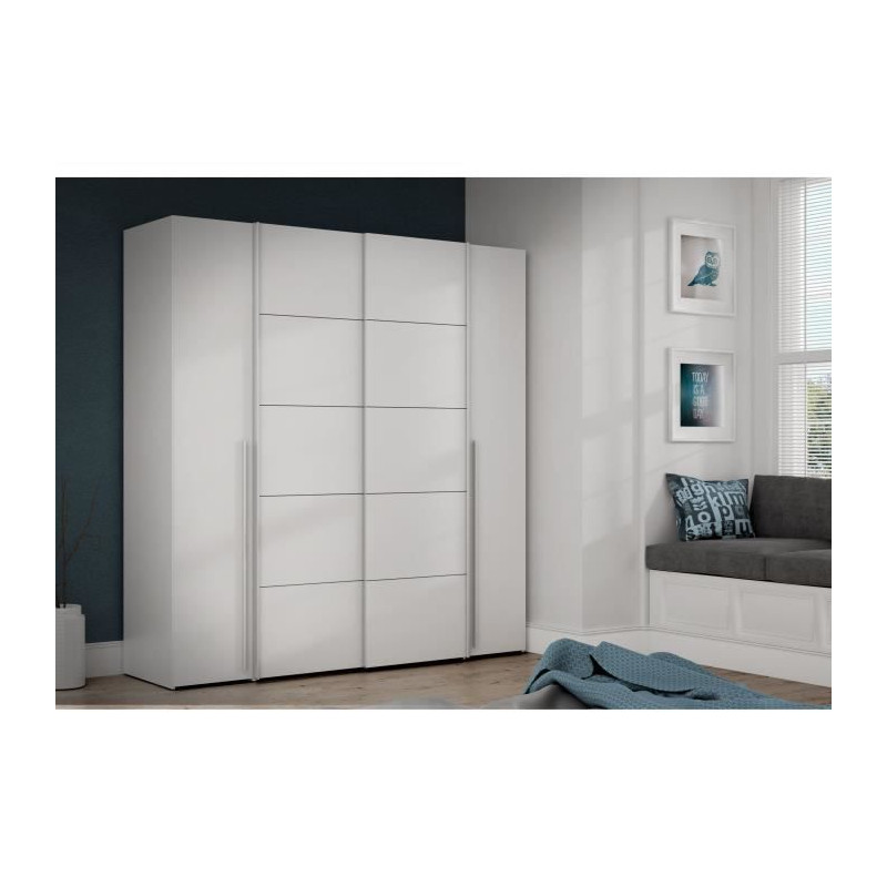 Armoire NARAGO - Décor Blanc mat - 2 portes coulissantes + 2 portes battantes + 2 penderies - L200 x P61 x H210 cm