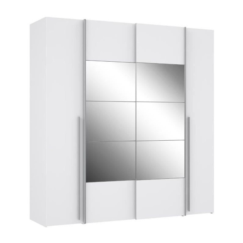 Armoire NARAGO - Décor Blanc mat - 2 portes coulissantes + miroir + 2 portes battantes + 2 penderies - L200 x P61 x H210 cm